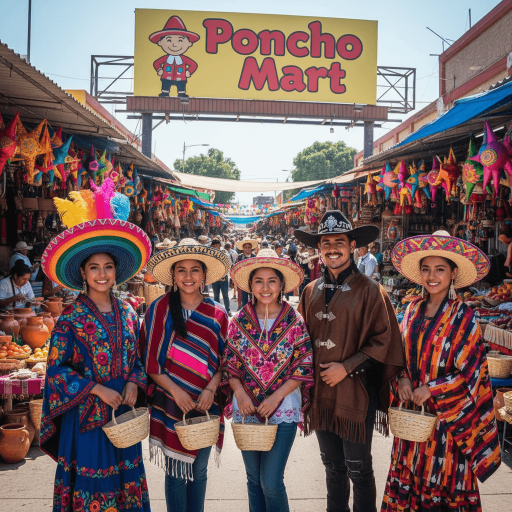 Mexican Poncho image with five models wearing different ponchos