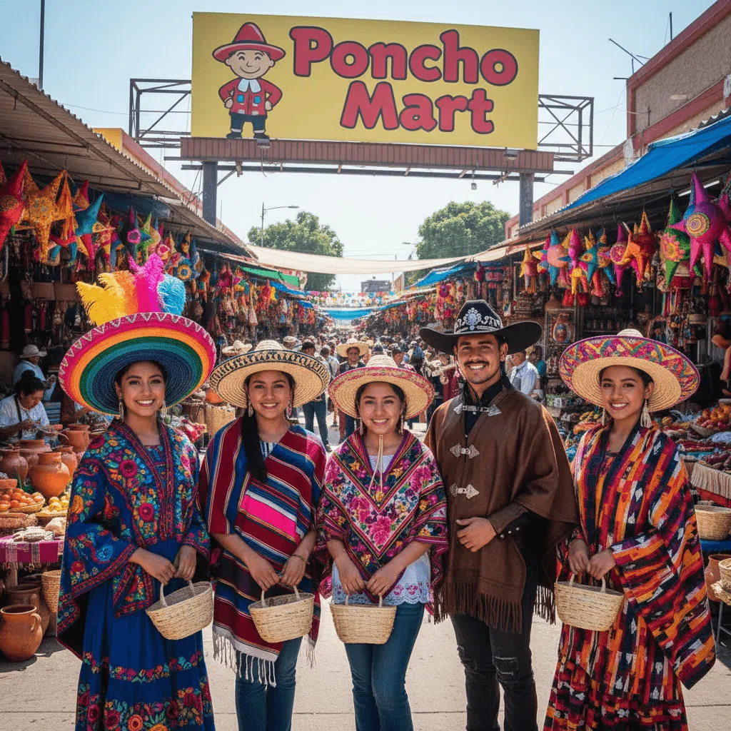 Mexican Poncho image with five models wearing different ponchos