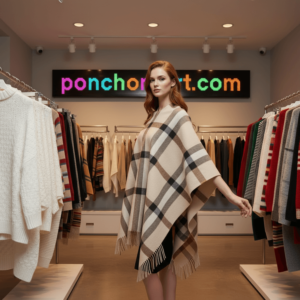 Burberry Poncho image a girl shows burberry poncho