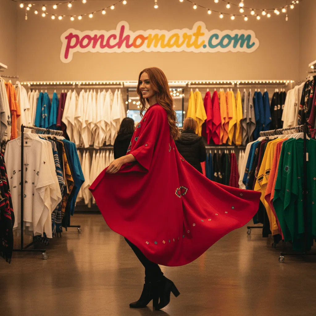 Cape Shawl Poncho image a girl shows red cape shawl poncho