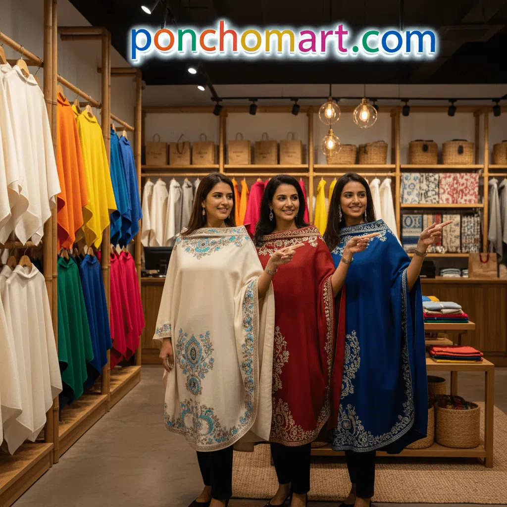 Indian Poncho image with three indian girls wearing cashmere poncho