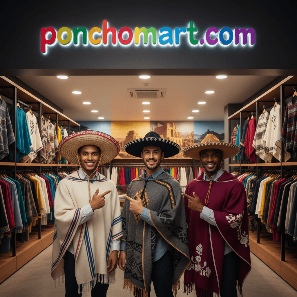 Men's Poncho image three model wearing poncho and sombrero