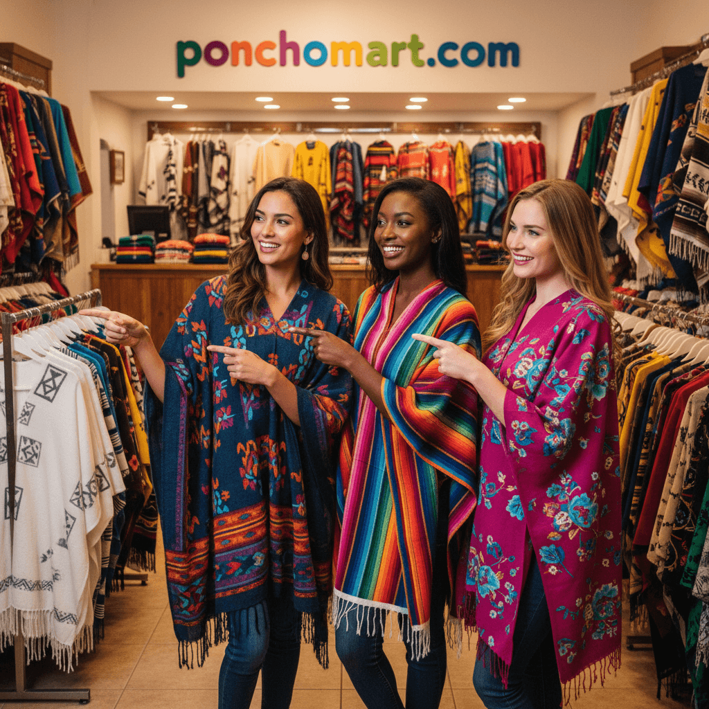 Poncho Coat Image three models wearing poncho coats