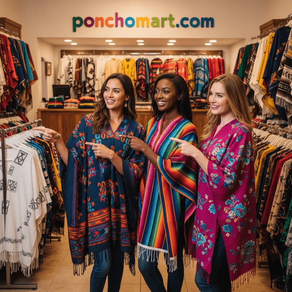 Poncho Coat Image three models wearing poncho coats