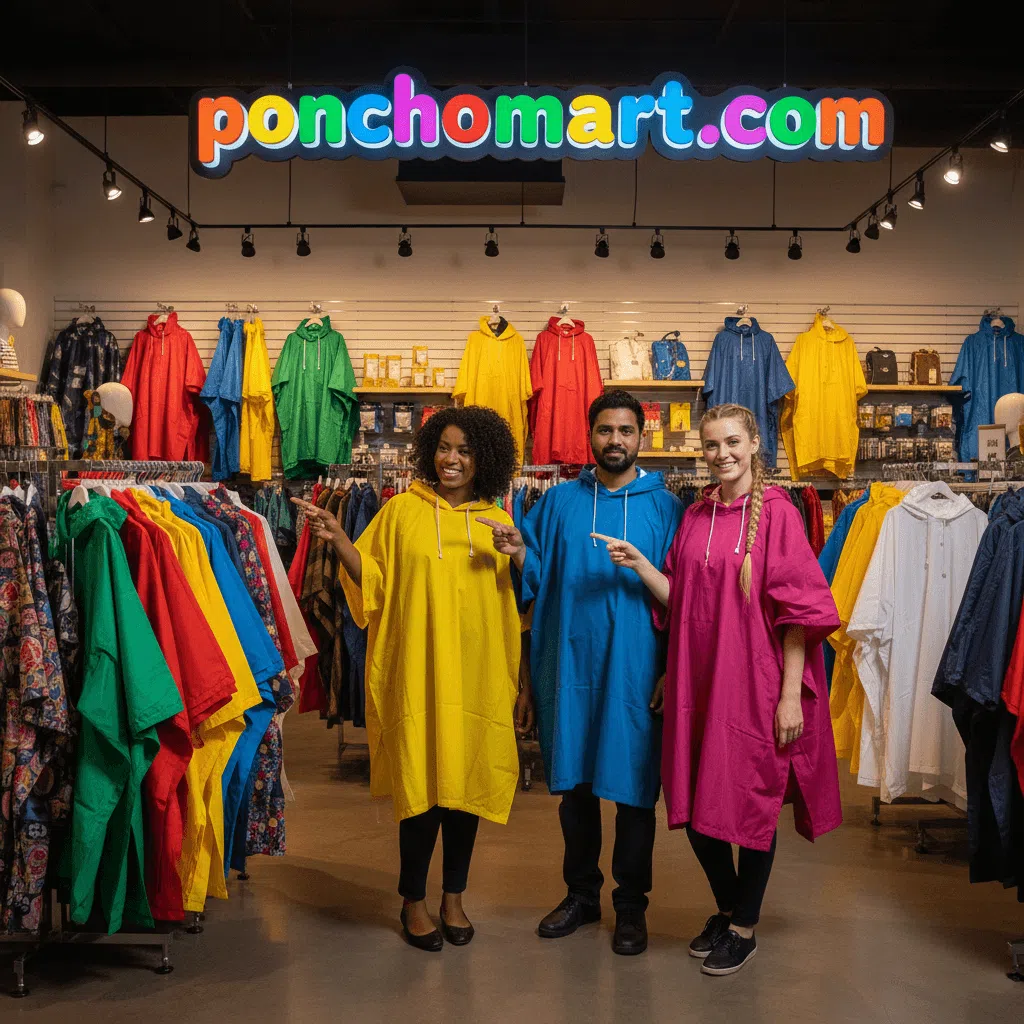 Poncho Raincoat Image with three models wearing poncho raincoats
