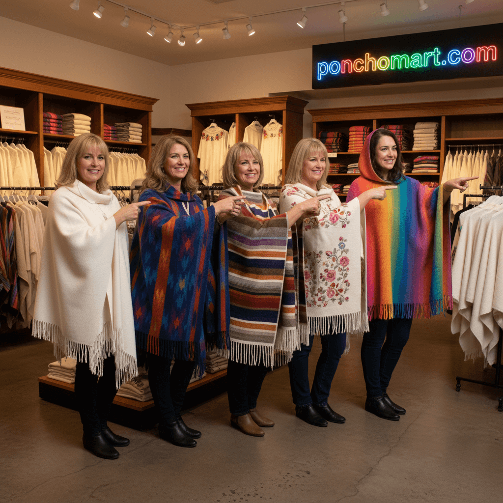 Wool Poncho Image with five models wearing wool ponchos